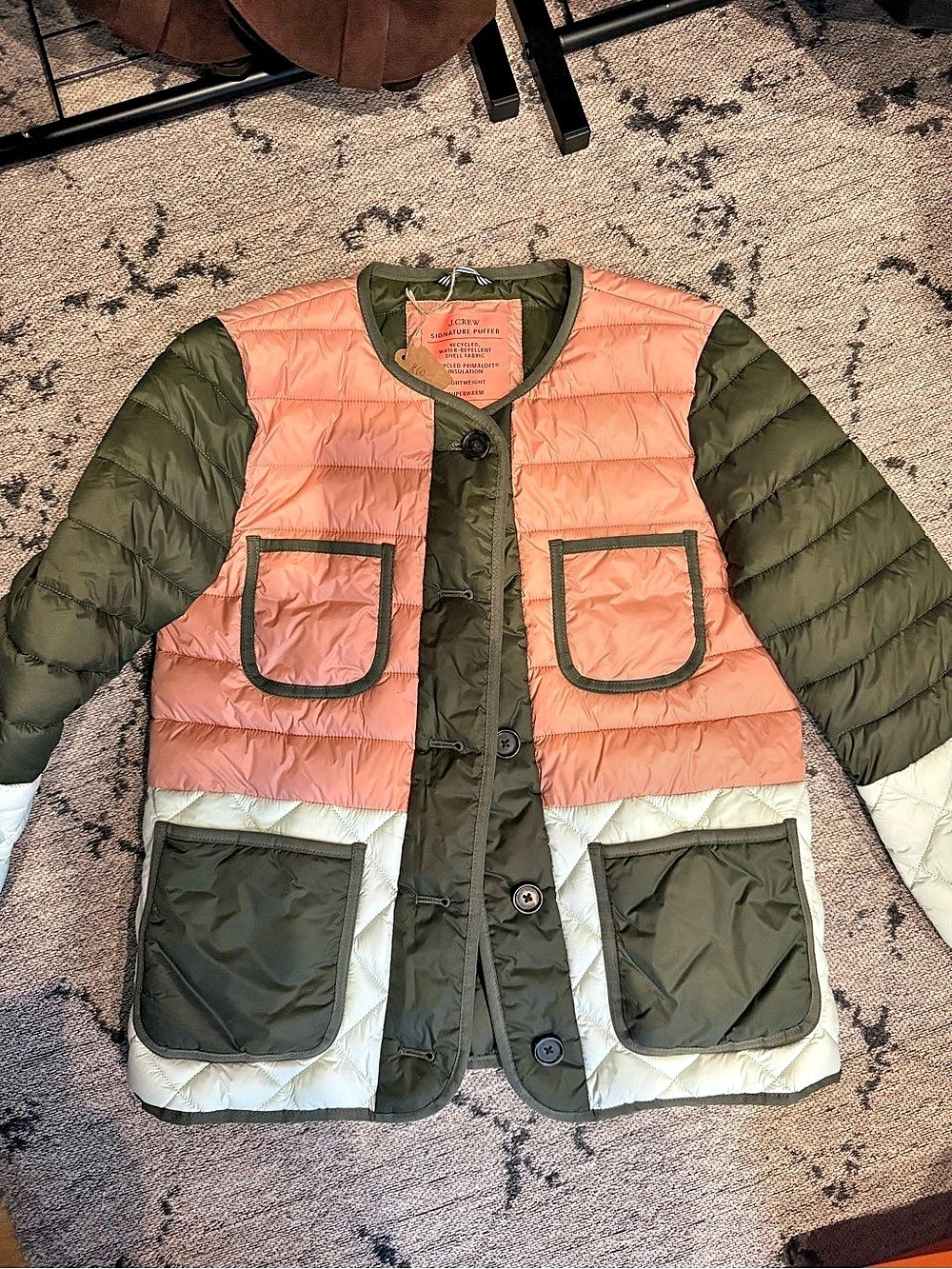 J.Crew Signature Puffer Jacket with PrimaLoft Jacket Color Block Pink & Green XS